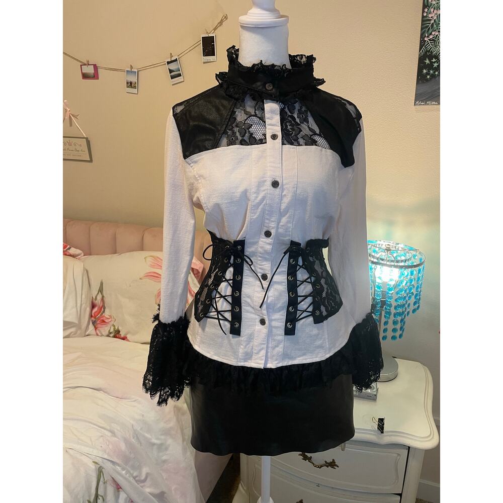 light pink and black goth lace up blouse